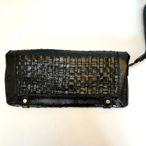Elliott Lucca Woven Black Patent Leather Zip Top Foldover Large Clutch Wristlet - Picture 2 of 11